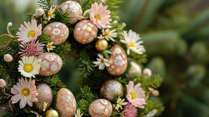 Easter composition with Pastel Easter eggs nestled in a floral wreath on a nature green backdrop. Easter card with copy space