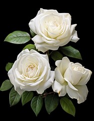white roses with green leaves on black background