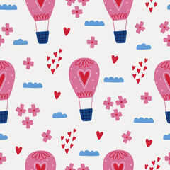 Valentine's Day seamless pattern with air balloon, flowers, hearts, clouds