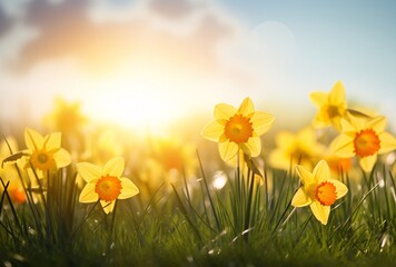 yellow daffodils on green grass with the sun in the sky background