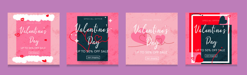 Set Valentine's day. Modern Abstract Background Patterns with Hearts, Geometric Line. 3d Creative Vector Illustration for Advertising, Web, Social Media, Poster, Banner, Cover. Sale Offer 50%. 