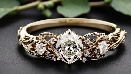 A nature-inspired engagement ring with intertwining vines and a dewdrop diamond Generative AI
