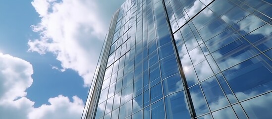 Modern office building with glass facade on a clear sky background.