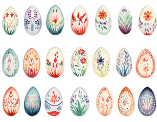 Seamless pattern of Easter eggs decorated with flowers on a white background.