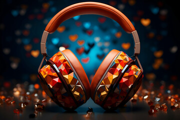 Headphones with heart shaped gems on a dark background. 3d rendering