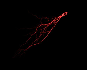 Realistic lightning isolated on black background. Natural light effect, bright glowing. Magic red thunderstorm, for design element