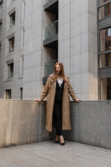 Outdoor portrait of a beautiful young businesswoman in a brown coat at the city