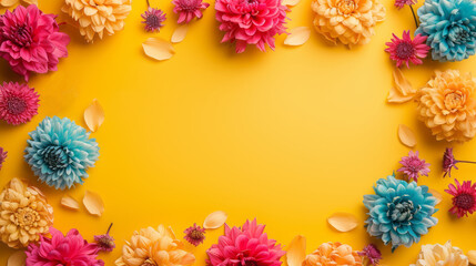 Flat lay top view frame of multicolour flowers, isolated on a yellow background for Valentine's Day, International Women's Day, Mother's Day card or background, or a wedding invitation