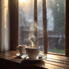 Hot coffee in the morning on a rainy day