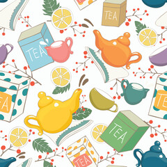 А set of beautiful, traditional, multi-colored tea ware as seamless pattern on white background. Vector illustration
