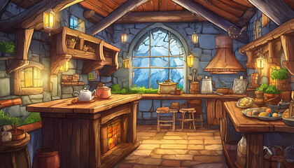 Fototapeta na wymiar Kitchen of a private house in a fantasy game