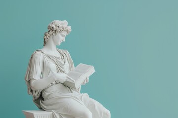 An ancient Greek statue reading a book, white marble greek statue. whimsicle greek statue in accessibility and Inclusion in Everyday Life concept.