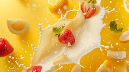 Milk splash with fruits and berries. White liquid with fruits and berries on yellow background.
