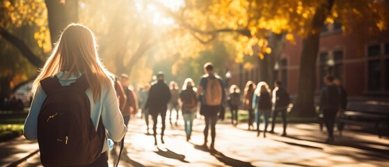 Crowd of students walking through a college campus on a sunny day - obrazy, fototapety, plakaty