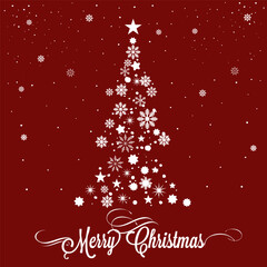 Merry Christmas vector card with tree from white snowflakes on red background - 718940480