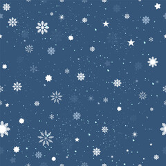 Vector winter pattern snowfall falling snowflakes on dark blue background - 718940487