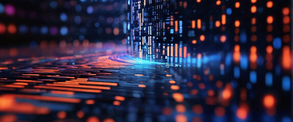 An abstract digital background with binary code and AI algorithms running in the background