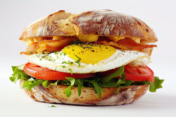 A gourmet egg sandwich presented against a pristine white backdrop