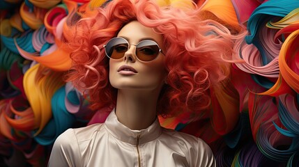 Obraz premium Close-up shot of a stylish woman wearing sunglasses and having red hair in front of a vibrant colorful background