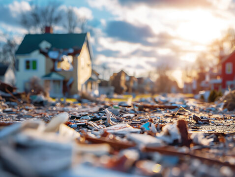 Debris left after a hurricane / storm / flood that caused destruction in a town with damaged houses. 