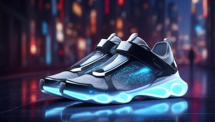 Futuristic sneakers with LED lights and holographic displays, perfect for night running in a cyber city Generative AI