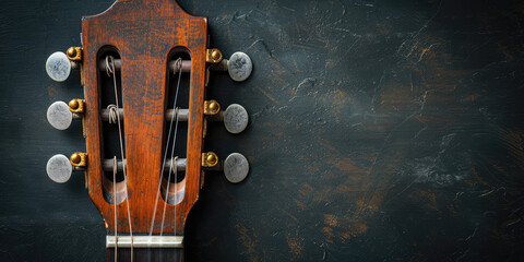 Close-Up of Acoustic Guitar with Decorative Inlay. Macro view of guitar strings and sound hole, vibrant wooden texture.
