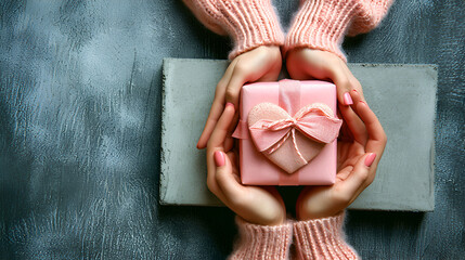 Close up shot of female hands holding a small gift  in the hands of a woman indoor. Shallow depth of field with focus on the little box.. Generative Ai