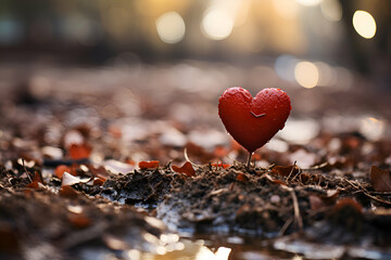 Red heart on the ground in the forest. Valentine's day concept. - obrazy, fototapety, plakaty