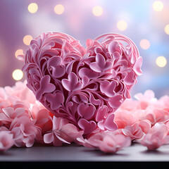 Pink heart and pink hydrangea flowers on bokeh background
