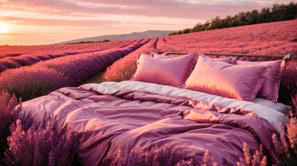 double bed with pink blankets and sheets outdoors in a purple lavender field