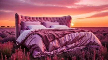 Foto op Plexiglas double bed with pink blankets and sheets outdoors in a purple lavender field © Marino Bocelli