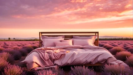Fototapeten double bed with pink blankets and sheets outdoors in a purple lavender field © Marino Bocelli