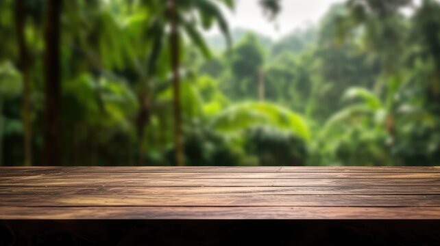 The empty wooden table top with blur background of Amazon rainforest. Exuberant image. generative ai