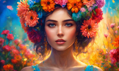 Naklejka premium portrait of a woman with flowers on her head 