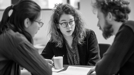 Photograph the panel members exchanging looks or notes, showing their evaluative process