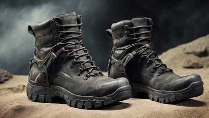 Heavy-duty combat boots for exploring post-apocalyptic landscapes, equipped with survival tools Generative AI