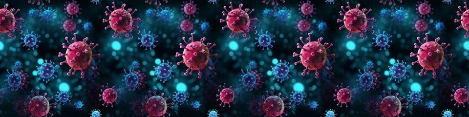 Virology corona virus, covid, flu outbreak background banner panorama long wallpaper illustration, microscopic view of influenza virus cells, lots of abstract 3d viruses texture, seamless pattern