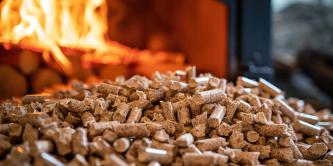Warm Home Atmosphere with Wood Pellets and Stove. A close-up of wood pellets with a glowing stove in the background.