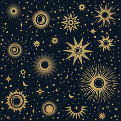 Vector magic seamless pattern with gold sun moon and stars