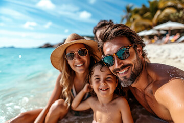 Fototapeta premium Fotografía familiar disfrutando de sus vacaciones de verano en la costa tropical, mediterráneo