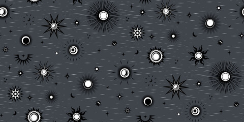 Vector magical seamless pattern with monochrome sun moon and stars