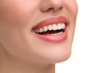 Naklejka premium Woman with clean teeth smiling on white background, closeup