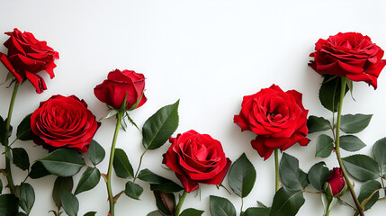 Red roses with leaves 0n white background for copy space, Plants Day, Valentine Day, Rose Day, Generative Ai