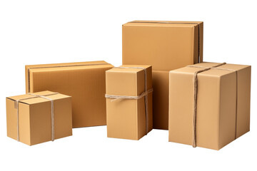 home delivery and shipping service cargo Boxes PNG , parcel package cardboard boxes PNG , open and closed empty delivery Package mockup template isolated on white and transparent background