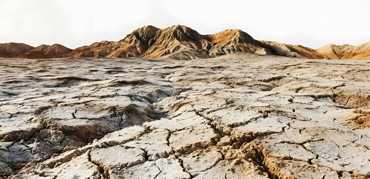 Dramatic desert landscape with cracked dry soil in the foreground and rugged mountains against a clear sky