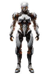 Fototapeta premium Full Body Exoskeleton Cyborg male face PNG isolated on white and transparent background - Sci-fi Robot in armor technology concept