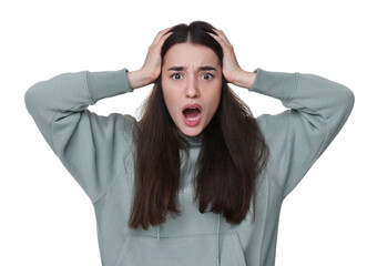 Portrait of surprised young woman on white background