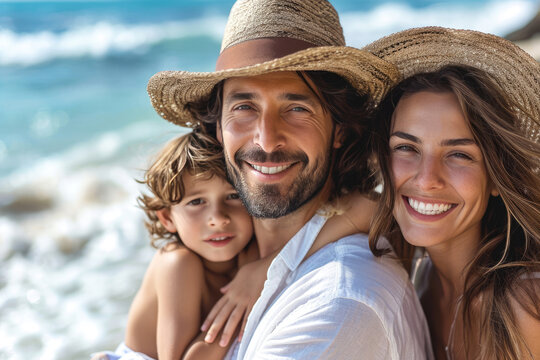 Selfie de familia con niños en sus vacaciones en la playa con un paisaje espectacular