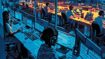 Busy Call Center with Headset-wearing Employees - obrazy, fototapety, plakaty