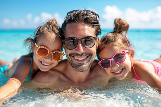Selfie de familia con niños en sus vacaciones en la playa con un paisaje espectacular